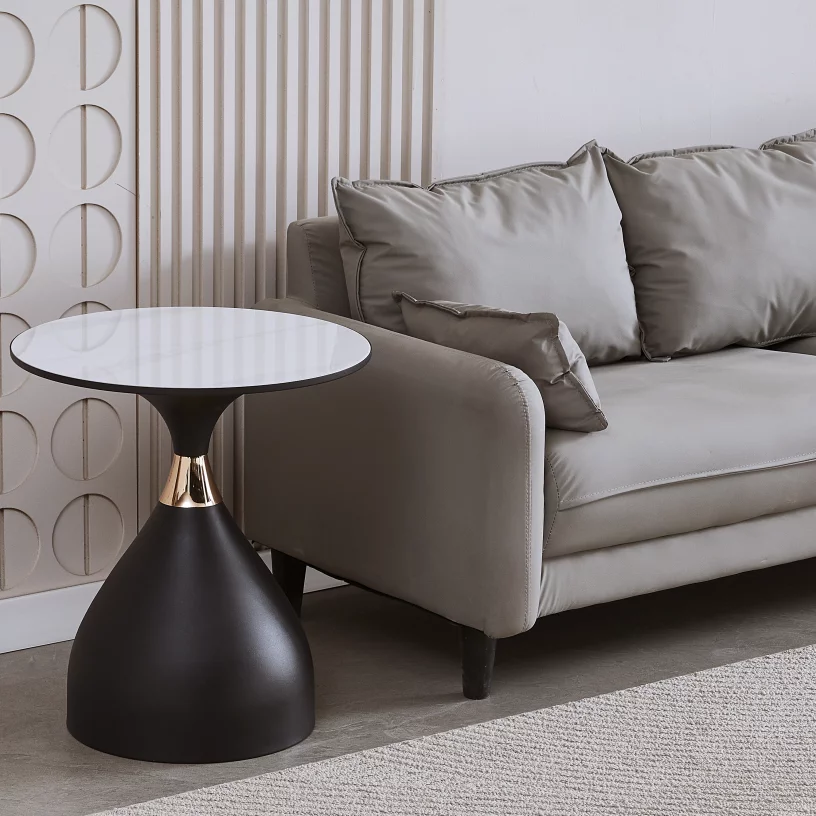 Стіл кавовий 50*50 см, Arctic ice top black base with gold strip