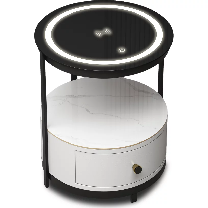 Тумбочка приліжкова 1 ящик Led-light, wireless charger, Silk white and black