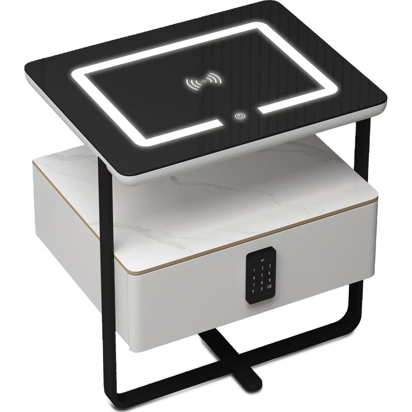 Тумбочка приліжкова 1 ящик Led-light, wireless charger, Silk white and black