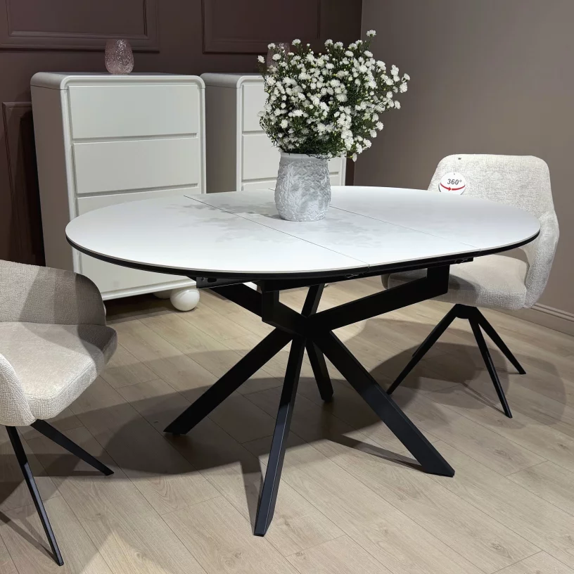 Стіл обідній розкладний 4-6 місць 105 см, Pure white ceramic top black base