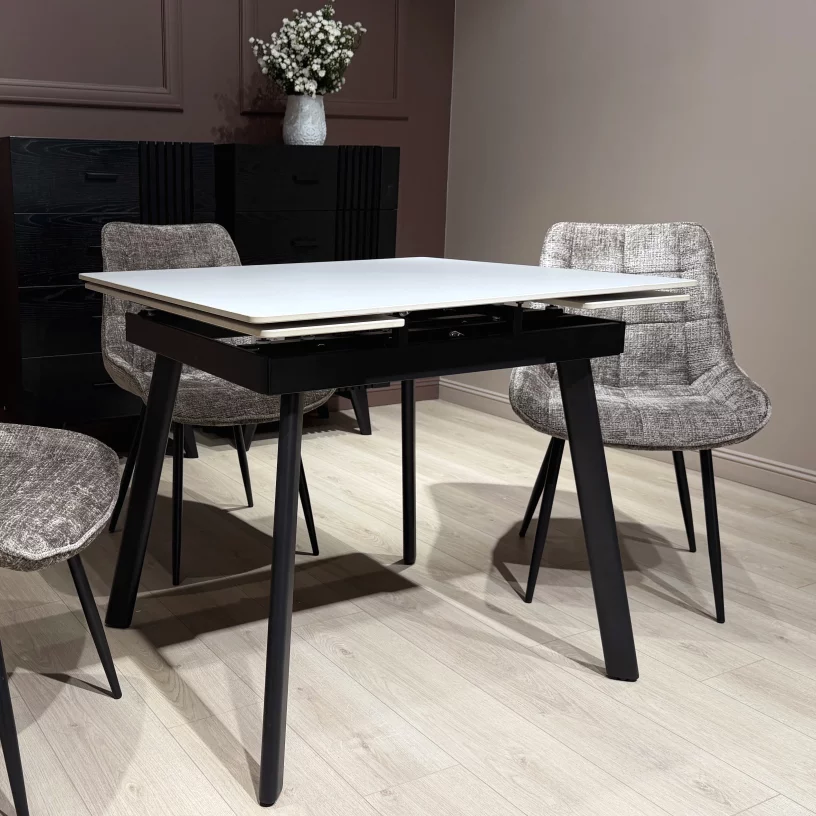 Стіл обідній розкладний 4-6 місць 90 см, Pure white ceramic top black base
