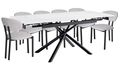 Комплект стіл та 6 стільців розкладний 6-8 місць 140 см, Pure white ceramic top black base