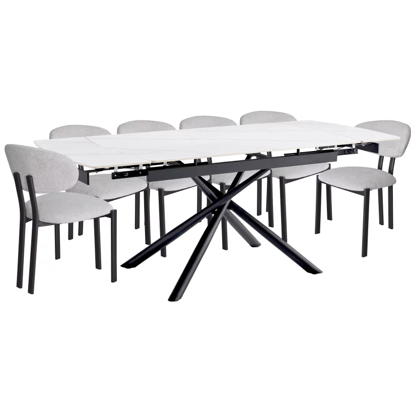 Комплект стіл та 6 стільців розкладний 6-8 місць 140 см, Pure white ceramic top black base