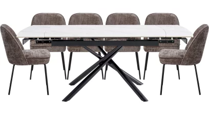 Комплект стіл та 6 стільців розкладний 6-8 місць 140 см, Pure white ceramic top black base
