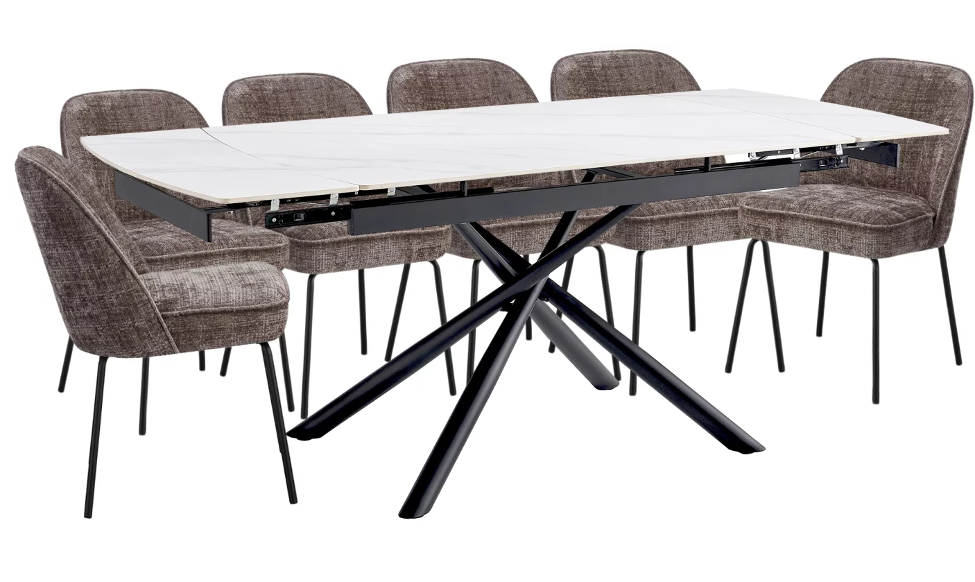 Комплект стіл та 6 стільців розкладний 6-8 місць 140 см, Pure white ceramic top black base