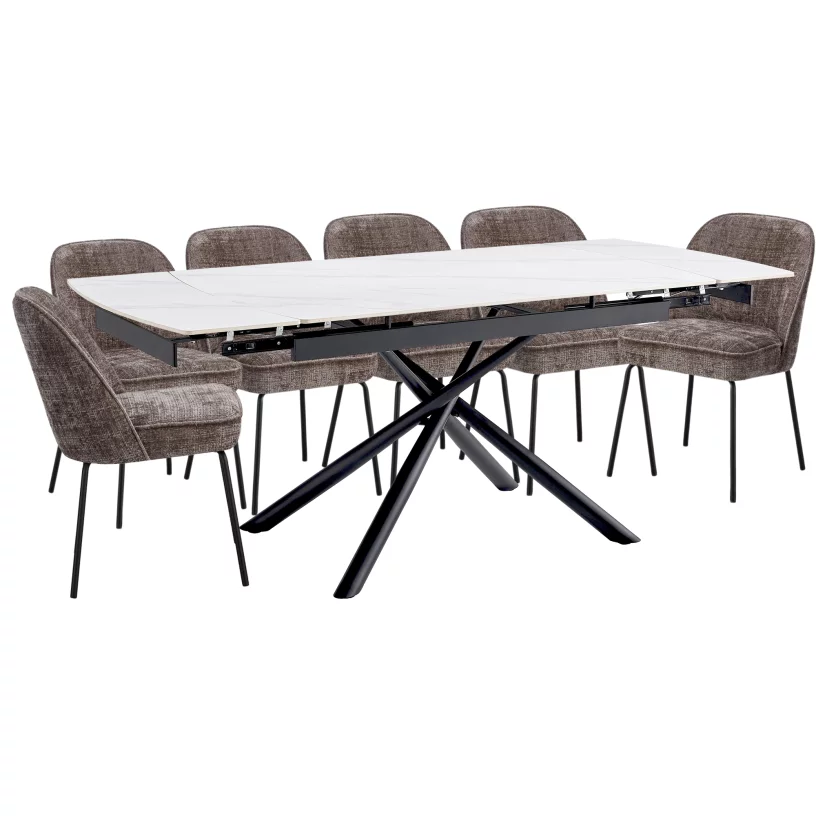 Комплект стіл та 6 стільців розкладний 6-8 місць 140 см, Pure white ceramic top black base