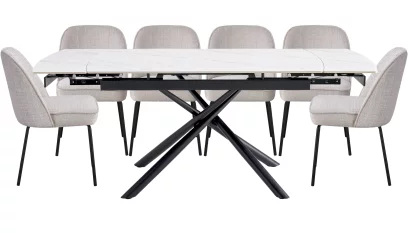 Комплект стіл та 6 стільців розкладний 6-8 місць 140 см, Pure white ceramic top black base