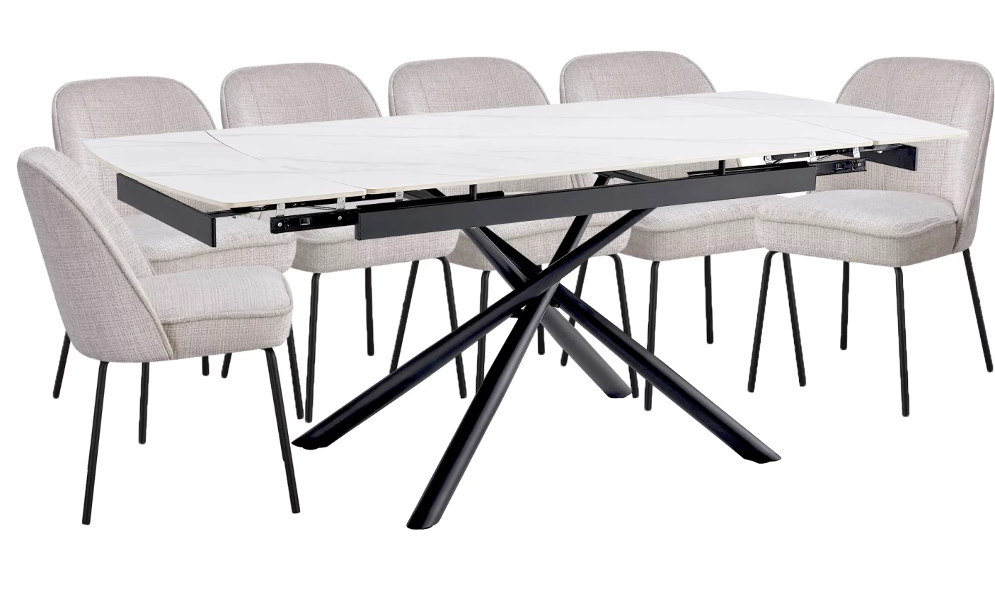 Комплект стіл та 6 стільців розкладний 6-8 місць 140 см, Pure white ceramic top black base