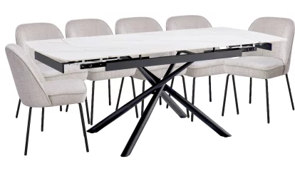 Комплект стіл та 6 стільців розкладний 6-8 місць 140 см, Pure white ceramic top black base