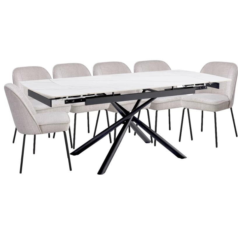 Комплект стіл та 6 стільців розкладний 6-8 місць 140 см, Pure white ceramic top black base