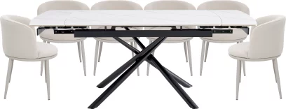 Комплект стіл та 6 стільців розкладний 6-8 місць 140 см, Pure white ceramic top black base