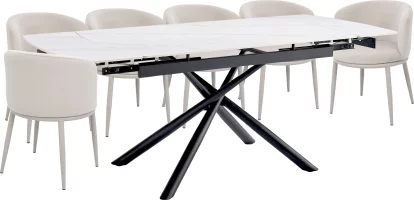 Комплект стіл та 6 стільців розкладний 6-8 місць 140 см, Pure white ceramic top black base
