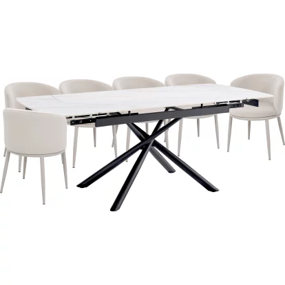 Комплект стіл та 6 стільців розкладний 6-8 місць 140 см, Pure white ceramic top black base
