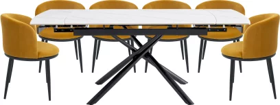 Комплект стіл та 6 стільців розкладний 6-8 місць 140 см, Pure white ceramic top black base