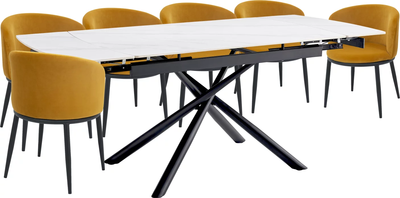 Комплект стіл та 6 стільців розкладний 6-8 місць 140 см, Pure white ceramic top black base