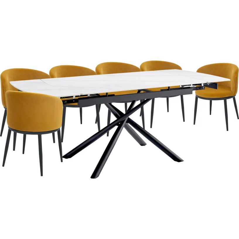 Комплект стіл та 6 стільців розкладний 6-8 місць 140 см, Pure white ceramic top black base