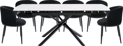 Комплект стіл та 6 стільців розкладний 6-8 місць 140 см, Pure white ceramic top black base