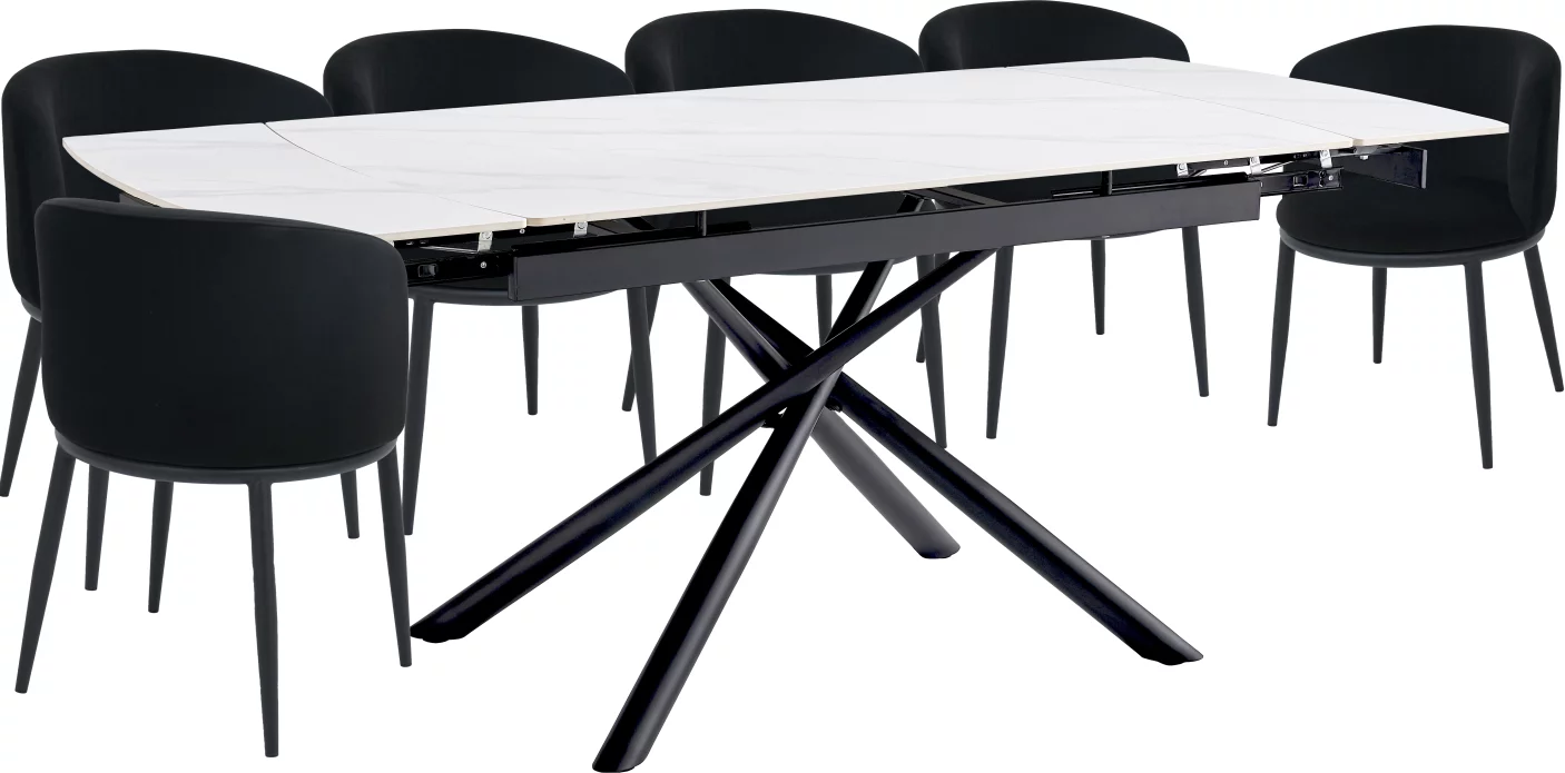 Комплект стіл та 6 стільців розкладний 6-8 місць 140 см, Pure white ceramic top black base