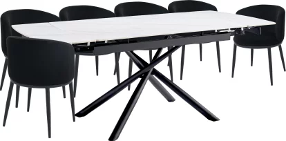 Комплект стіл та 6 стільців розкладний 6-8 місць 140 см, Pure white ceramic top black base