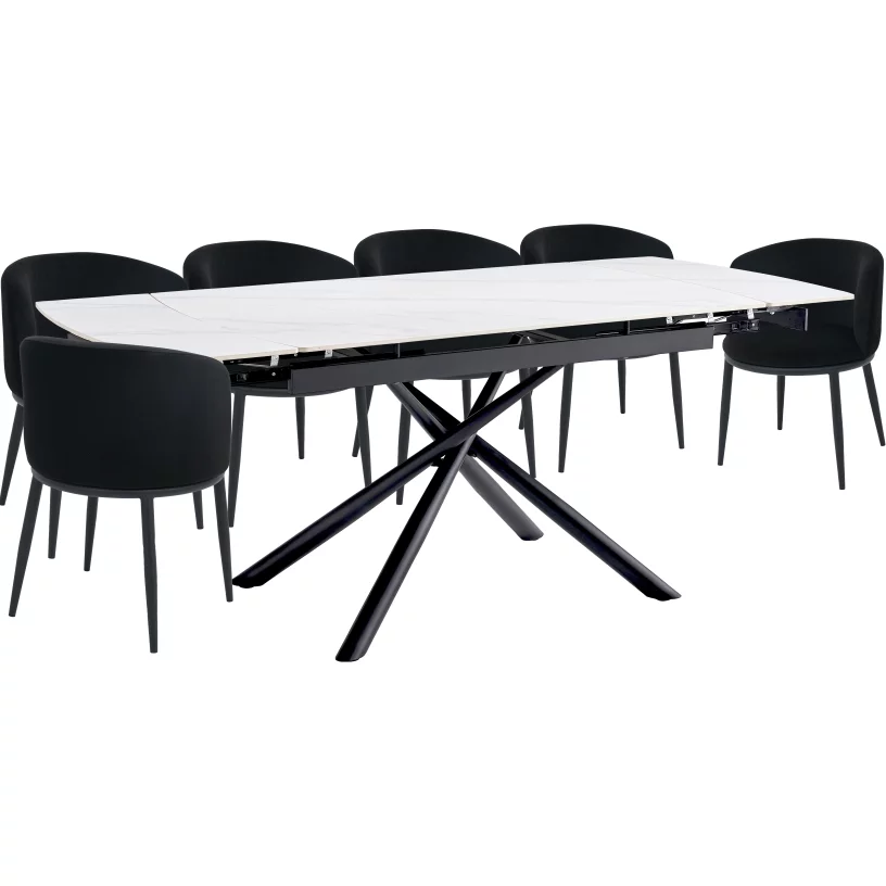 Комплект стіл та 6 стільців розкладний 6-8 місць 140 см, Pure white ceramic top black base