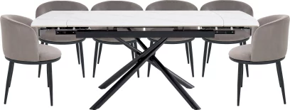 Комплект стіл та 6 стільців розкладний 6-8 місць 140 см, Pure white ceramic top black base