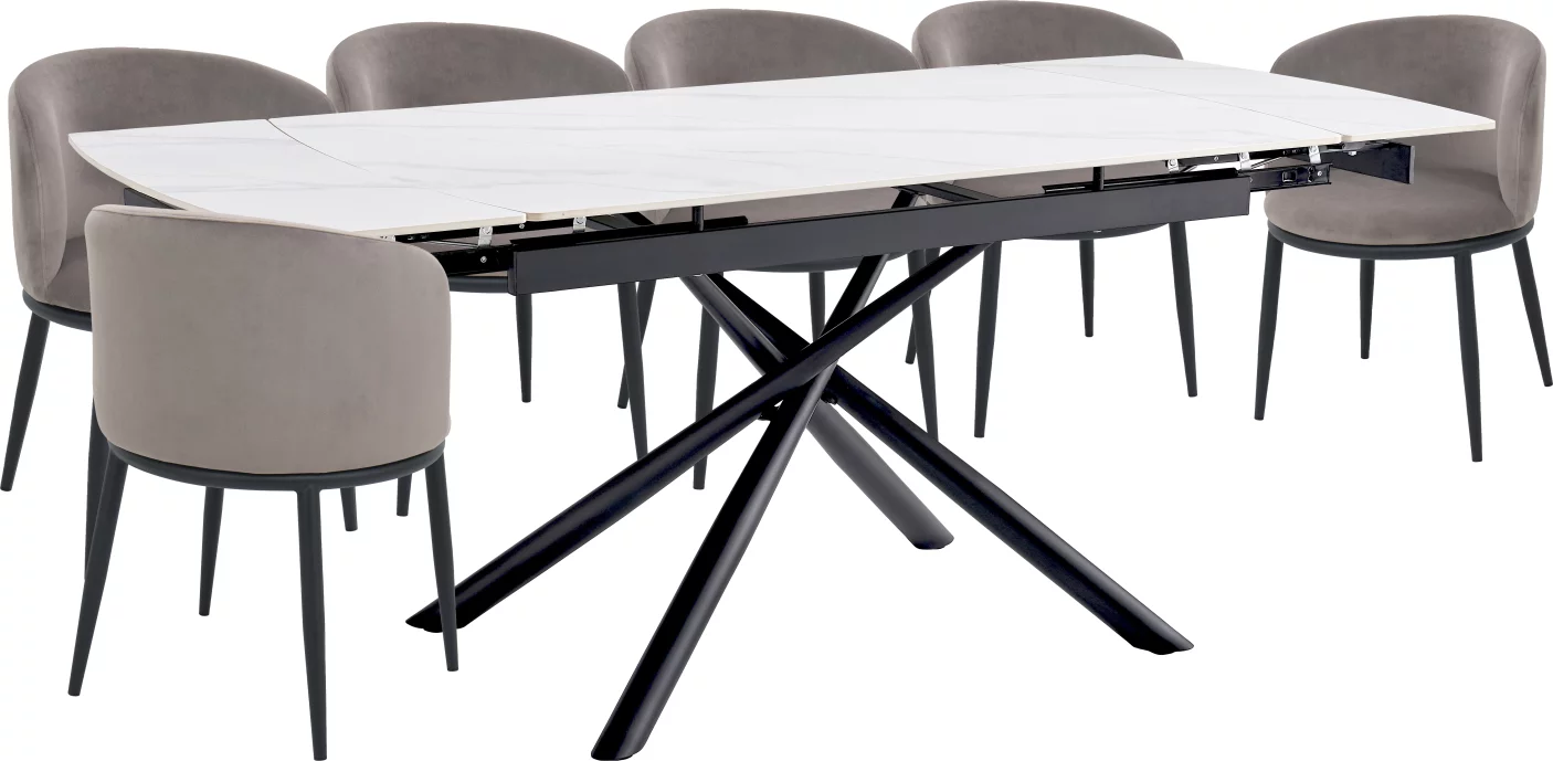 Комплект стіл та 6 стільців розкладний 6-8 місць 140 см, Pure white ceramic top black base