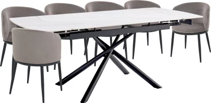 Комплект стіл та 6 стільців розкладний 6-8 місць 140 см, Pure white ceramic top black base