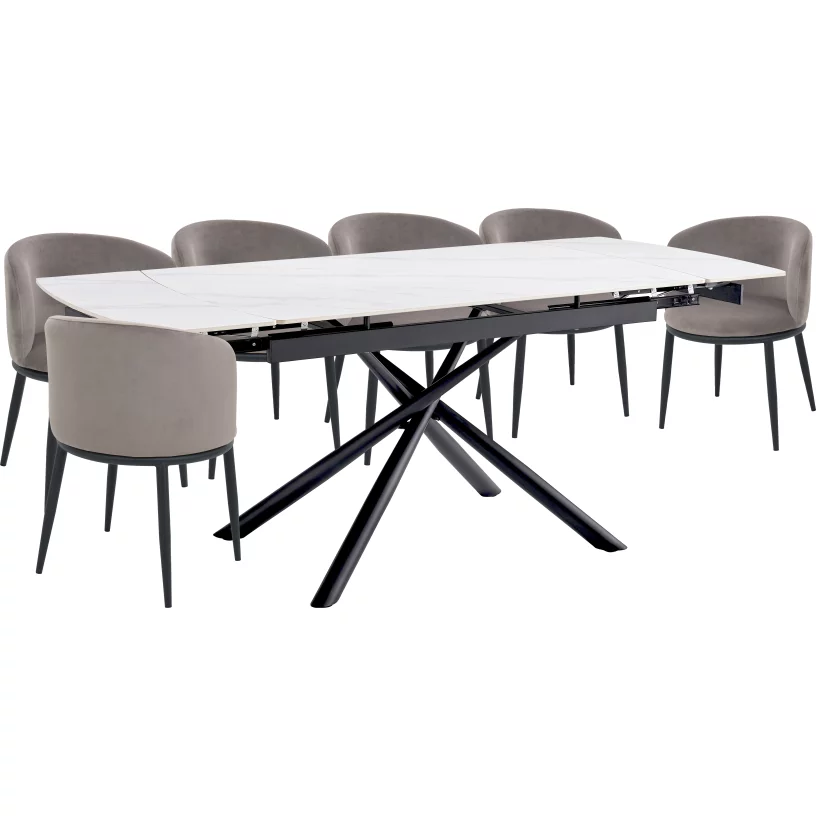 Комплект стіл та 6 стільців розкладний 6-8 місць 140 см, Pure white ceramic top black base