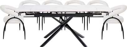 Комплект стіл та 6 стільців розкладний 6-8 місць 140 см, Pure white ceramic top black base