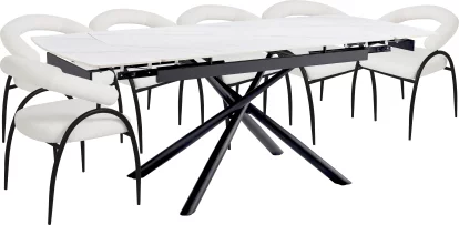 Комплект стіл та 6 стільців розкладний 6-8 місць 140 см, Pure white ceramic top black base