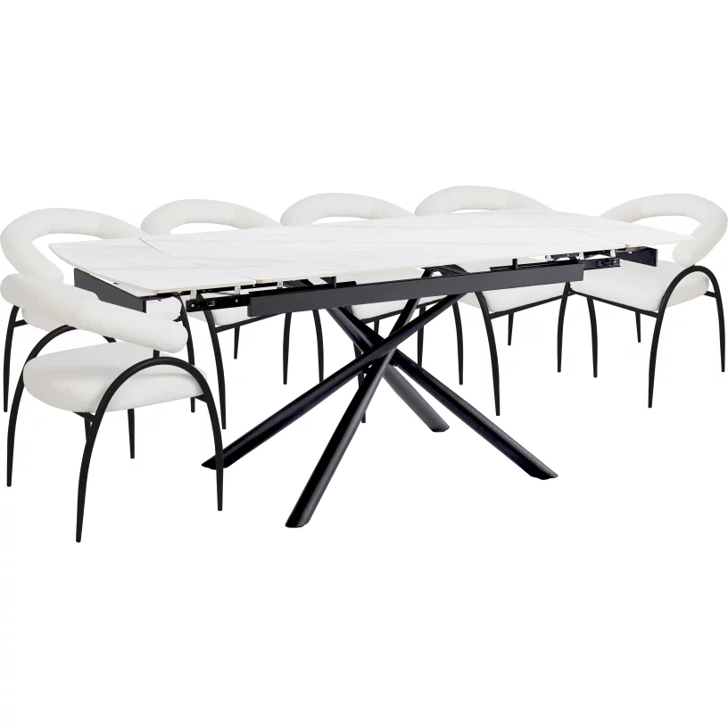 Комплект стіл та 6 стільців розкладний 6-8 місць 140 см, Pure white ceramic top black base