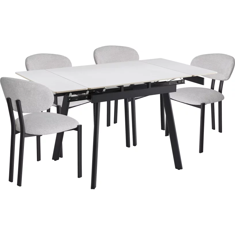 Обідній комплект для 4 осіб (на кухню до 10 м², сканді стиль) розкладний 4-6 місць 90 см, Pure white ceramic top black base