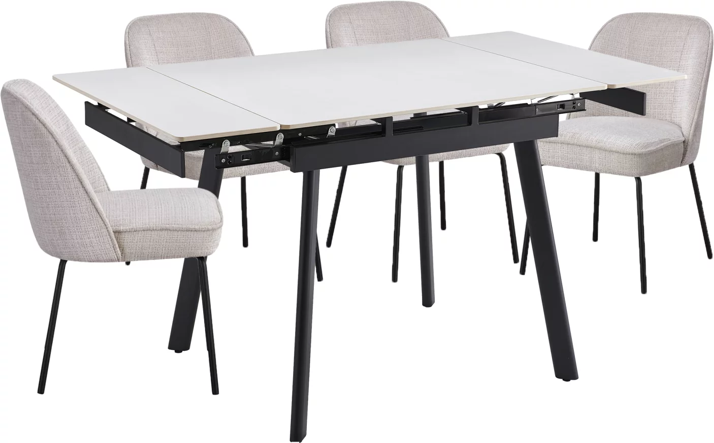 Обідній комплект для 4 осіб (на кухню до 10 м², сканді стиль) розкладний 4-6 місць 90 см, Pure white ceramic top black base