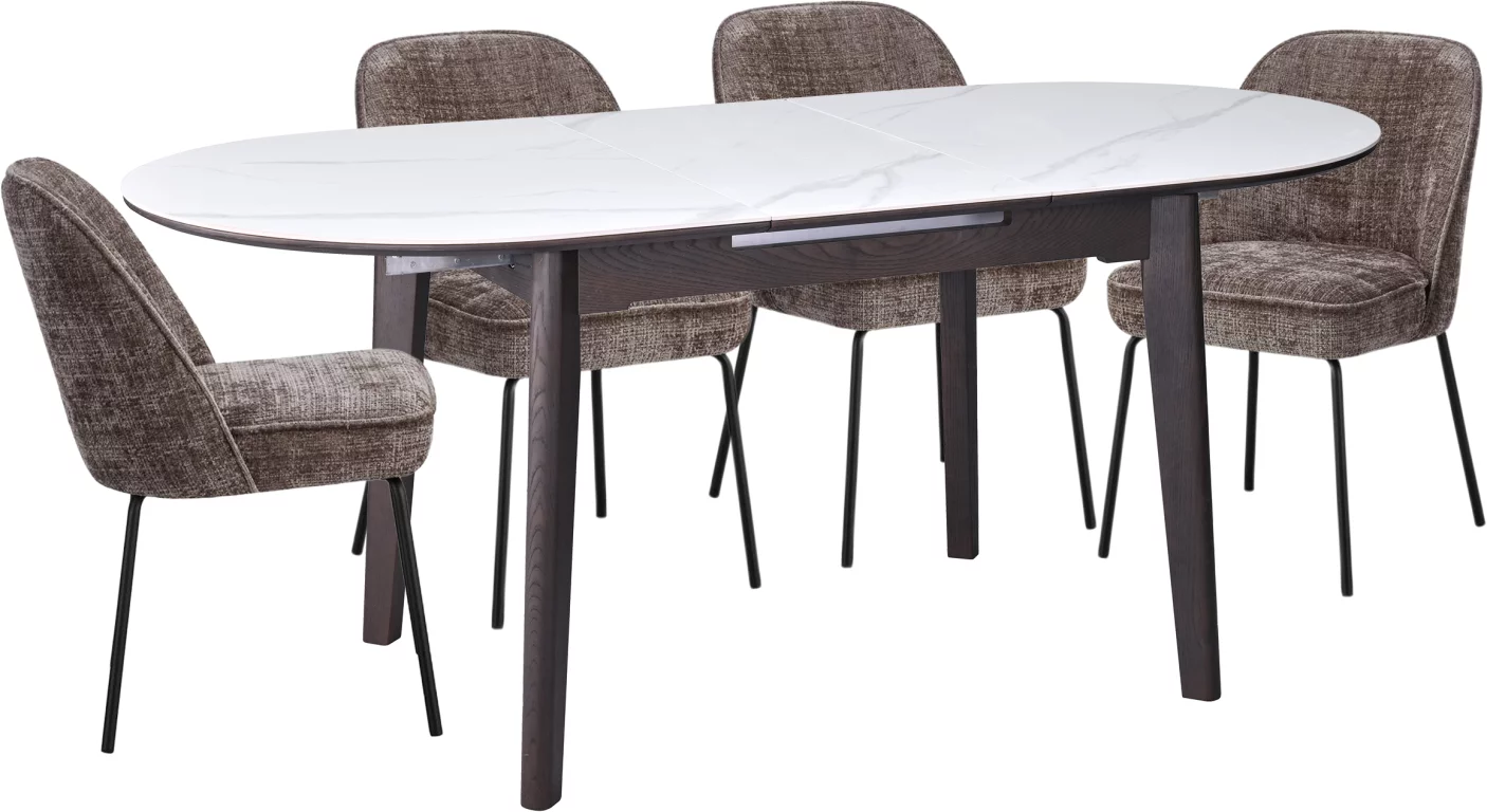 Обідній комплект для 4 осіб (на кухню до 10 м², сканді стиль) розкладний 6-8 місць 140 см, Arctic ice ceramic top black base
