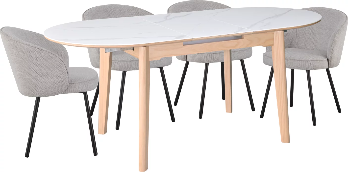 Обідній комплект для 4 осіб (на кухню до 10 м², сканді стиль) розкладний 6-8 місць 140 см, Arctic ice ceramic top oak base