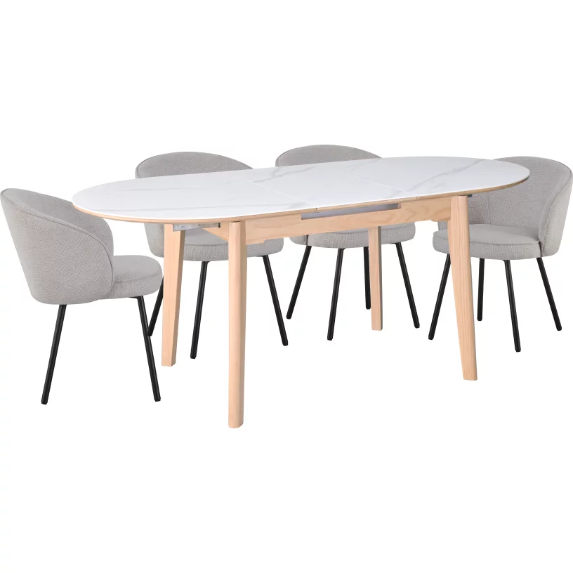 Обідній комплект для 4 осіб (на кухню до 10 м², сканді стиль) розкладний 6-8 місць 140 см, Arctic ice ceramic top oak base