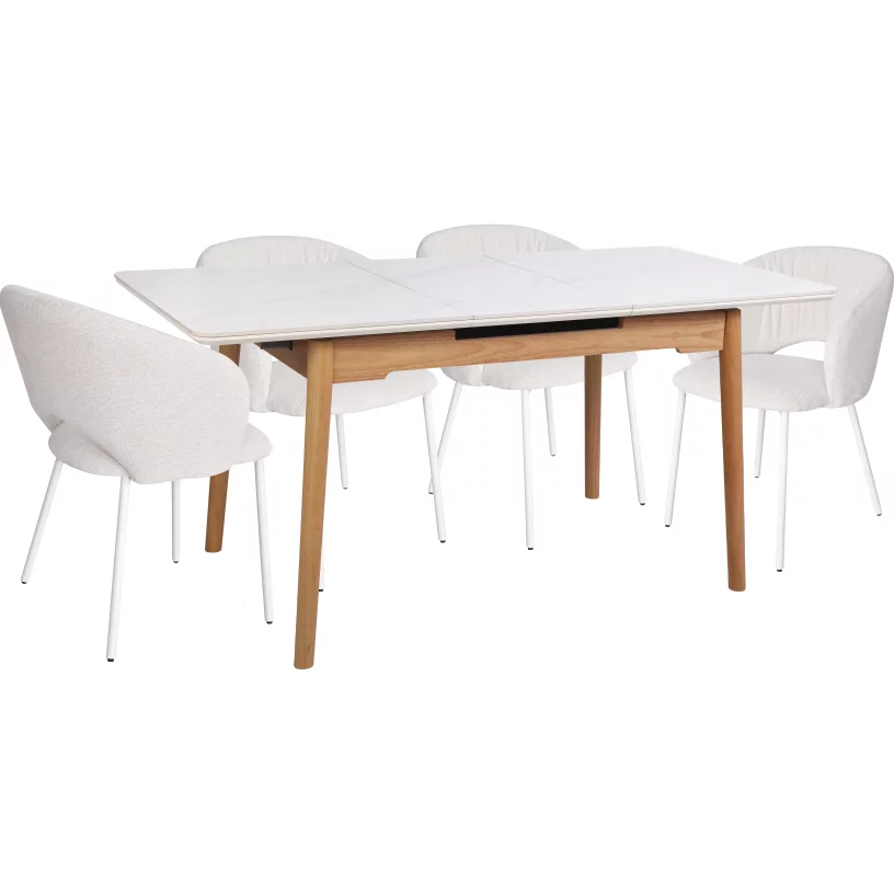 Обідній комплект для 4 осіб (на кухню до 10 м², сканді стиль) розкладний 6-8 місць 120 см, Arctic ice ceramic wooden base
