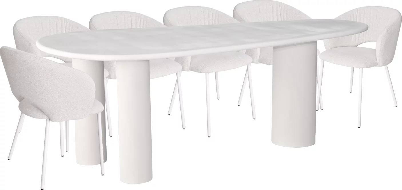 Комплект для столової на 6 осіб, стол 2 м + 6 стільців, сучасний стиль 10 місць 210 см, White top white base