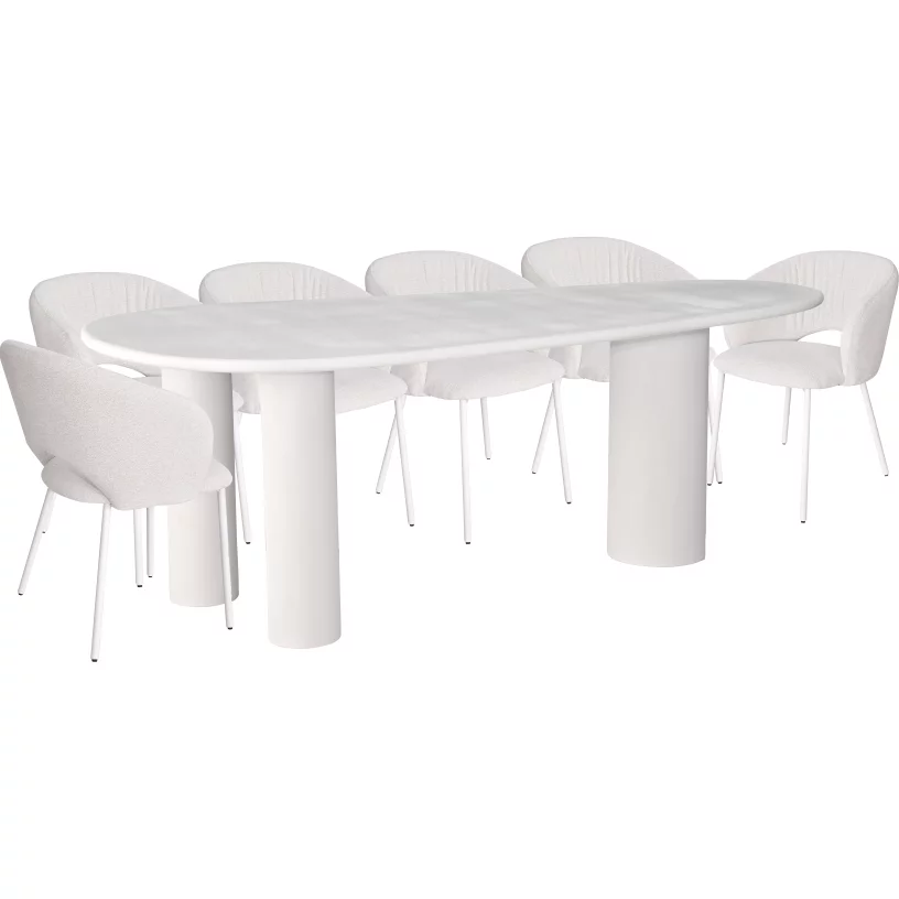 Комплект для столової на 6 осіб, стол 2 м + 6 стільців, сучасний стиль 10 місць 210 см, White top white base