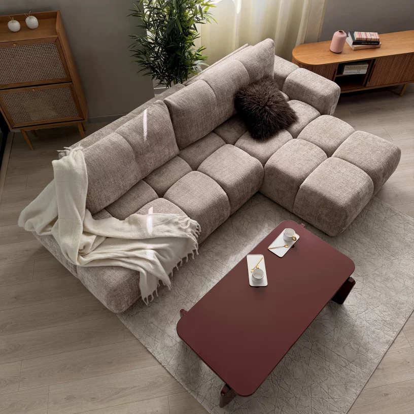 Диван кутовий 4-місний розкладний з правим шезлонгом, Latte soft