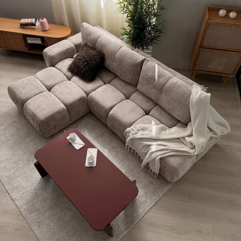 Диван кутовий 4-місний розкладний з лівим шезлонгом, Latte soft