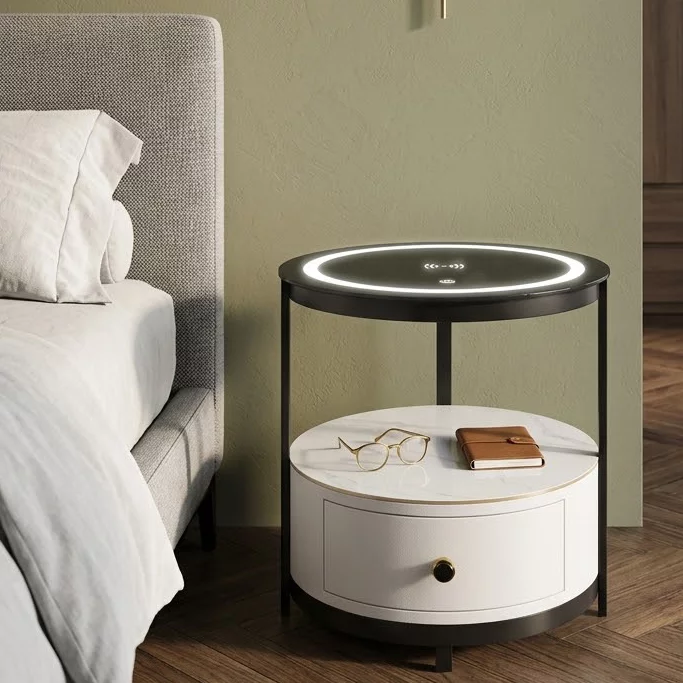 Тумбочка приліжкова 1 ящик Led-light, wireless charger, Silk white and black