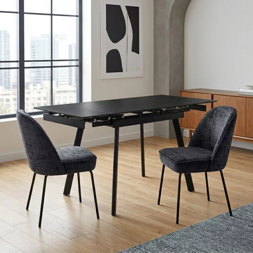 Стіл обідній керамічна стільниця розкладний 4-6 місць 90 см, Charcoal black ceramic top black base
