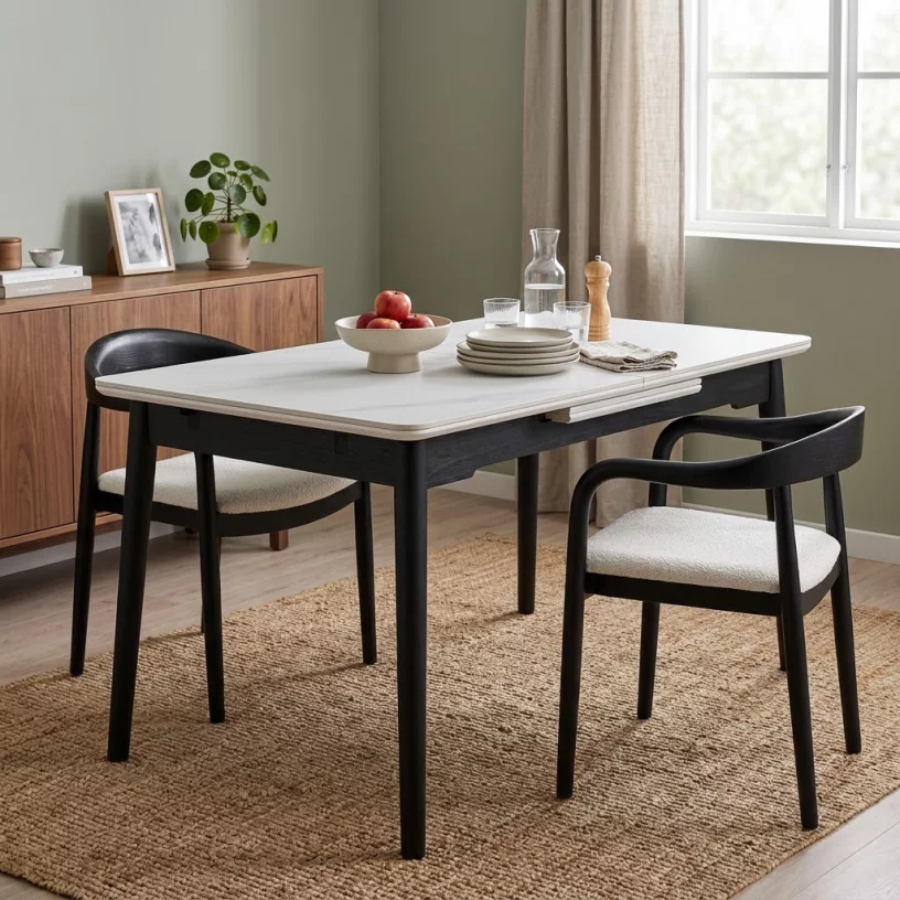 Стіл обідній керамічна стільниця розкладний 6-8 місць 120 см, Arctic ice ceramic black base