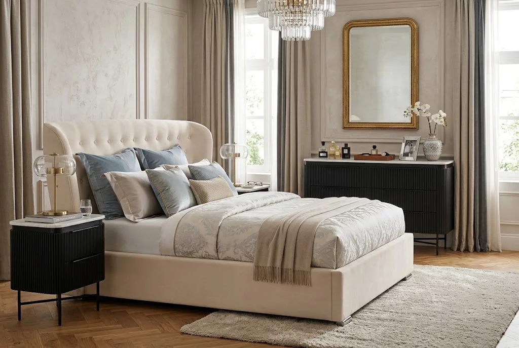 Сет для спальні: ліжко, 2 приліжкові тумбочки, комод , Greek marble velvet